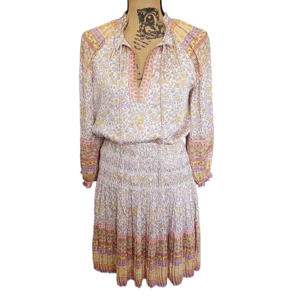 XS Anthro Current Air Boho Pleated Floral Peasant Dress, White, Yellow, & Pink - Picture 2 of 6